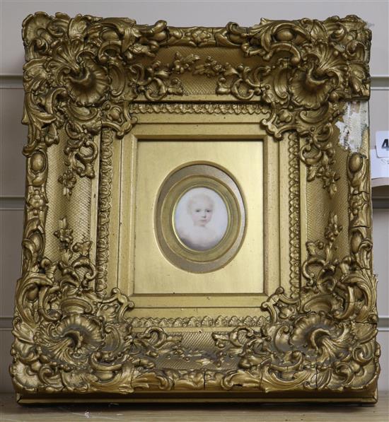 Early 19th century English School, oil on ivory, miniature portrait of an infant, 5 x 4cm